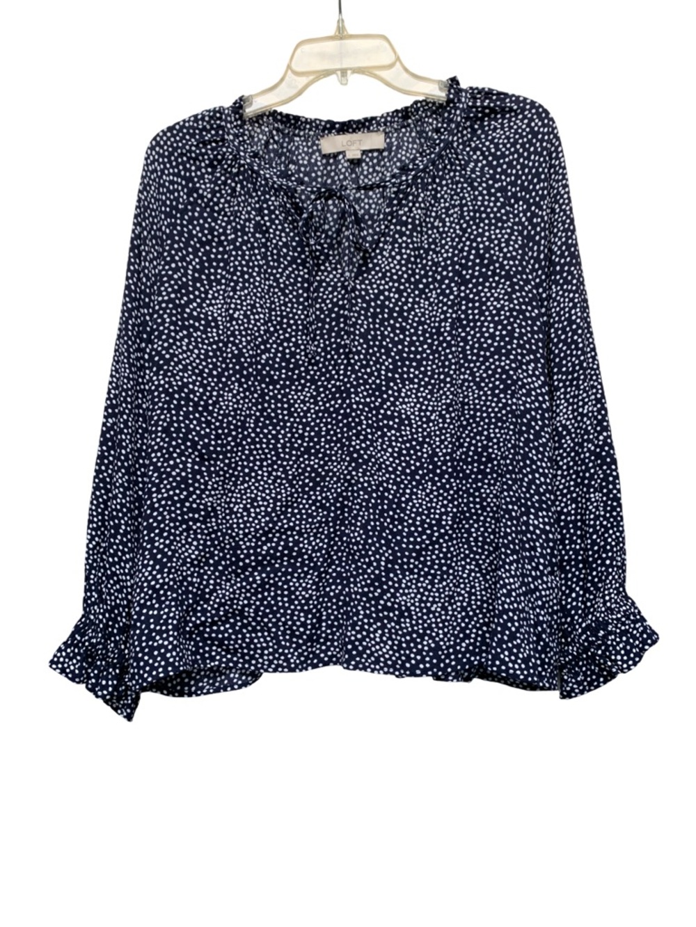 LOFT Navy and White Dot Tie-Neck Blouse